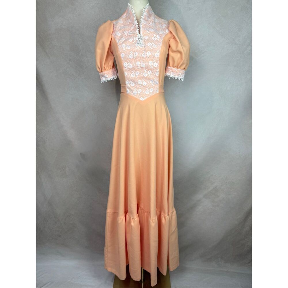 Vintage 1970s Prairie Dress Size Small Xs Polyester Knit Mcm Gunne Style Peach